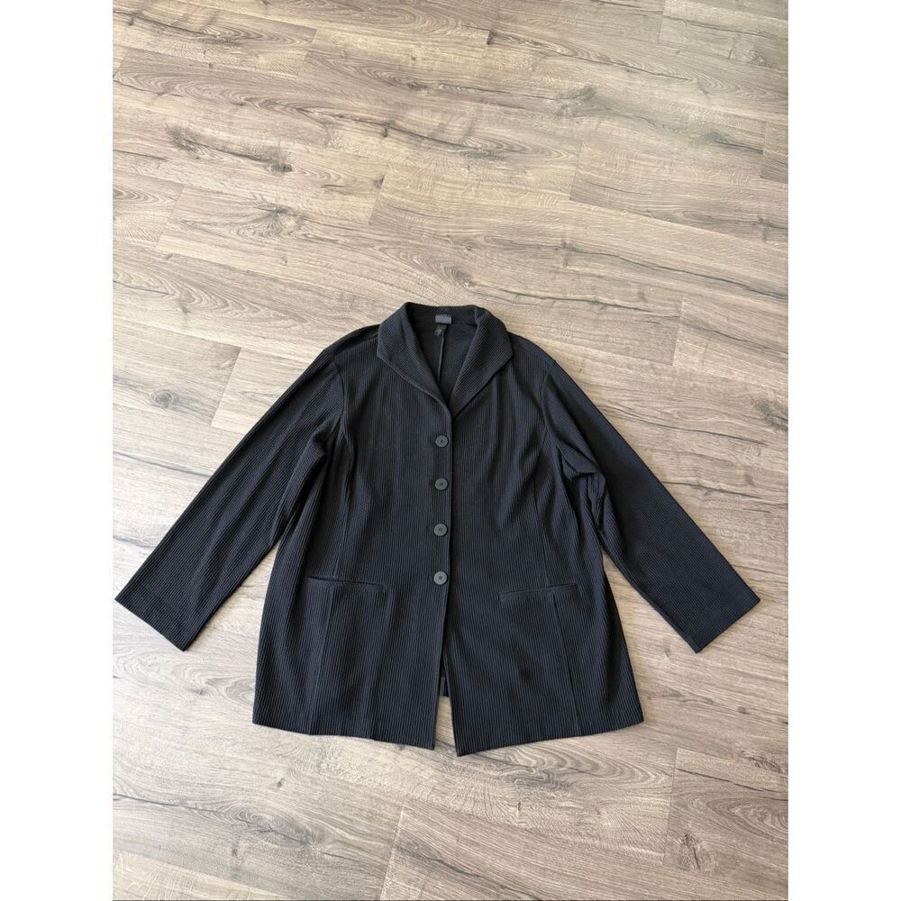 Eileen Fisher Cotton Nylon Stretch Grid Long Jacket Black Waffle Knit size 2X